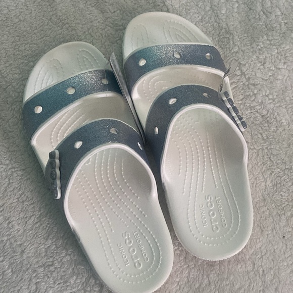 Crocs Classic Glitter 2 Slide Sandal, White with Silver Metallic - Picture 2 of 9